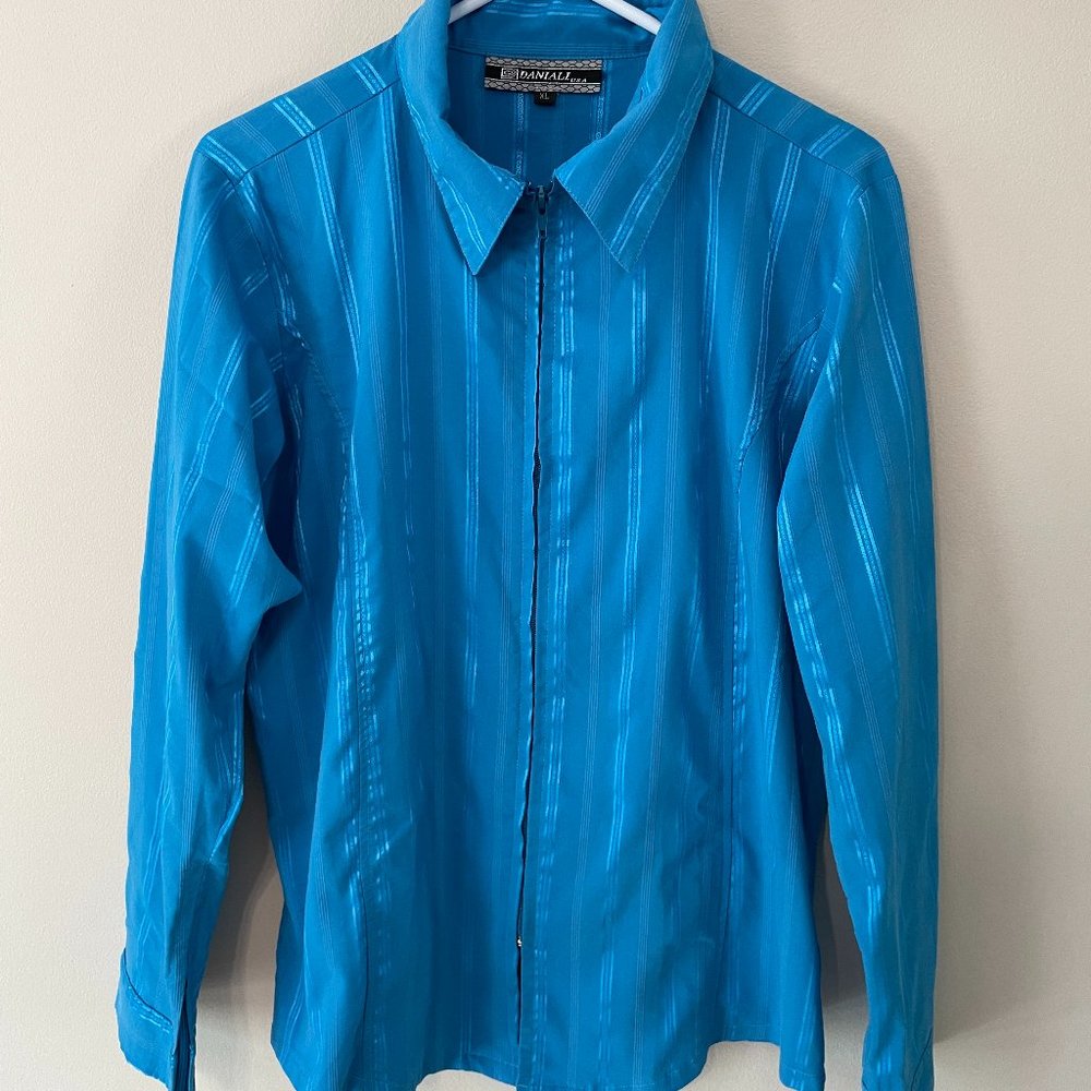 Daniali women’s XL aqua teal L/S zip-front shimmery striped blouse top